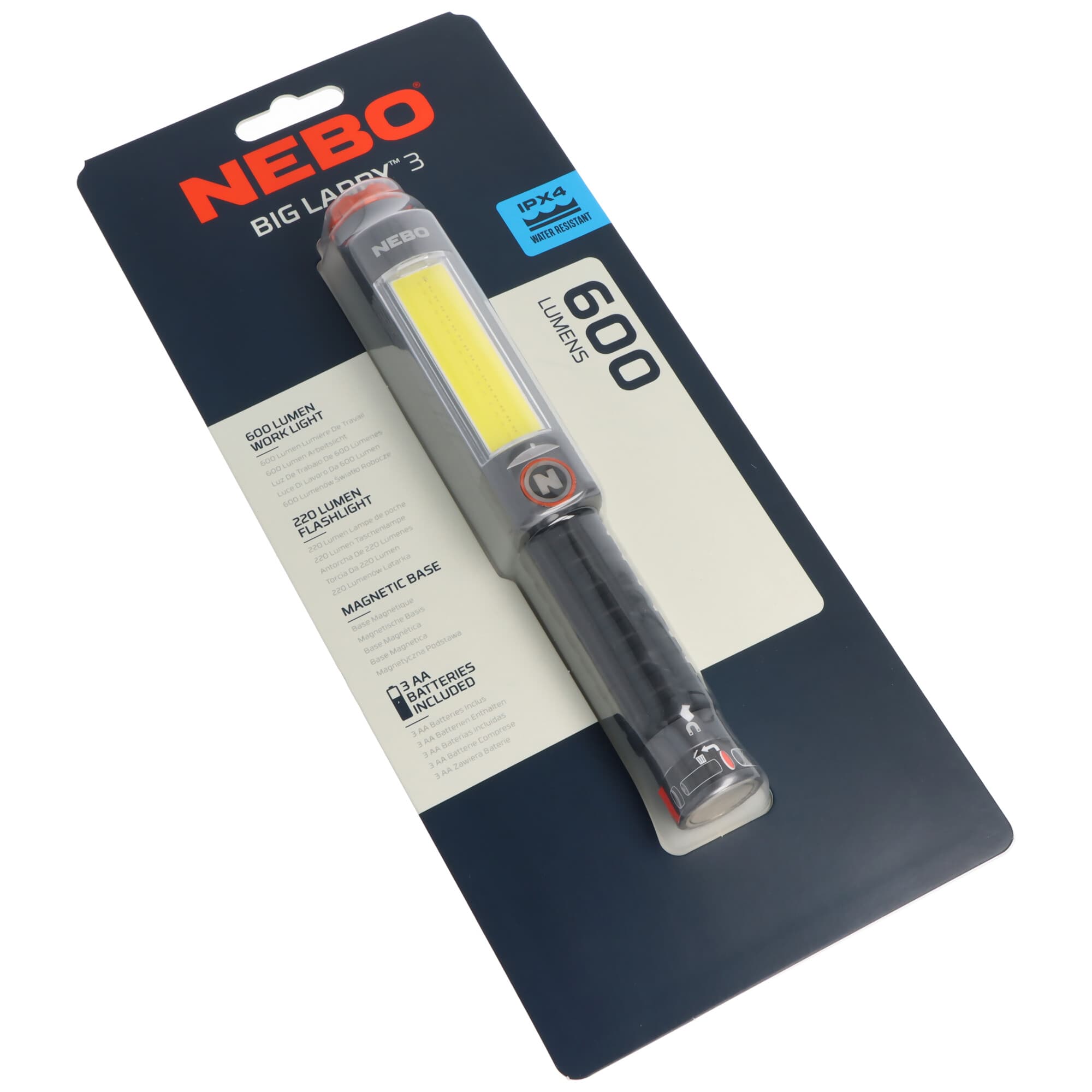 Lampe de travail LED NEBO BIG LARRY 3, NEB-FLT-1041-G, avec base magnétique, résistante aux chocs et à l'eau (IPX4)
