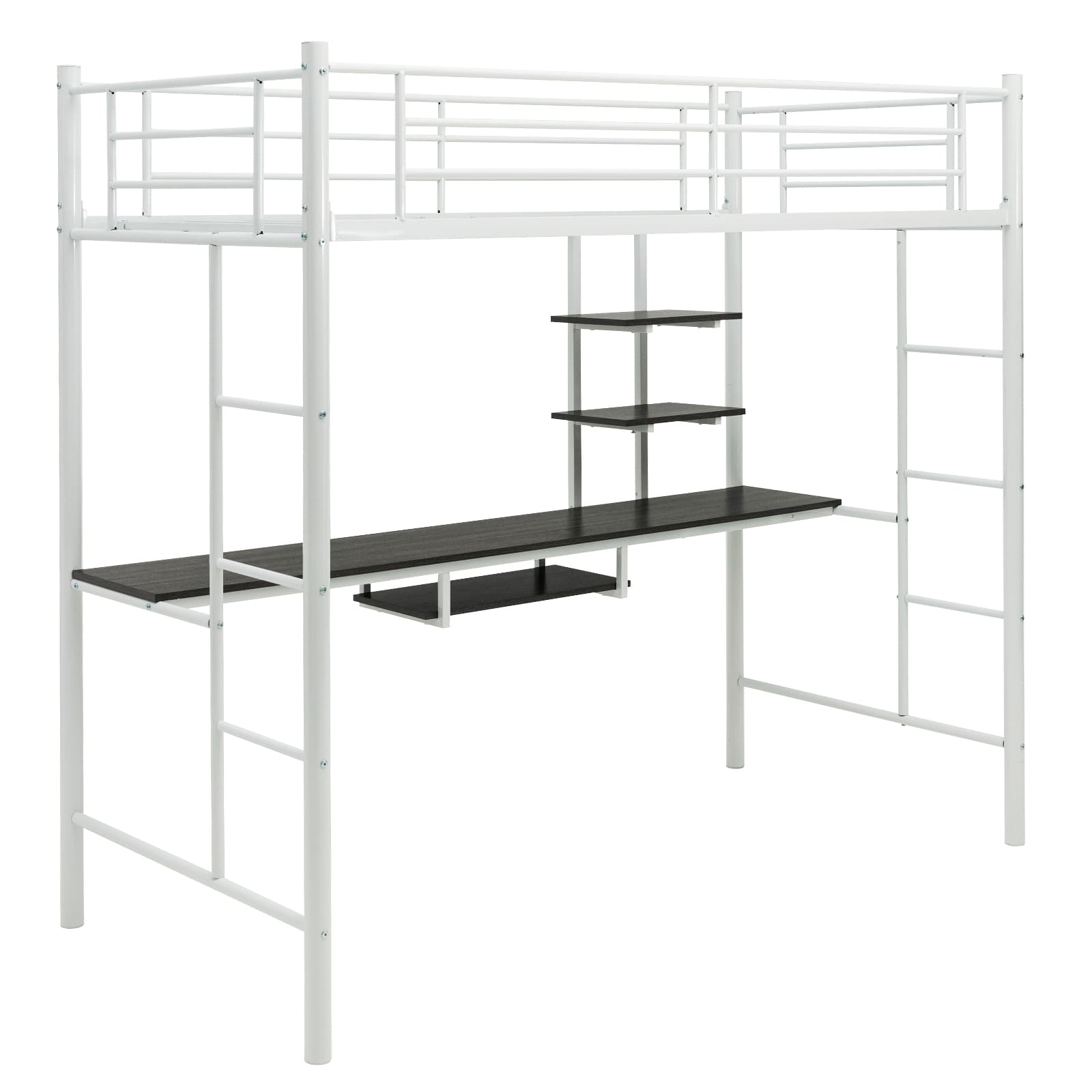 CostwayLit Mezzanine en Métal avec Bureau 2 Etagères et 2 Echelles Lattes en Acier et Garde-Corps 200 cm x 95cm x 180,5cm Blanc