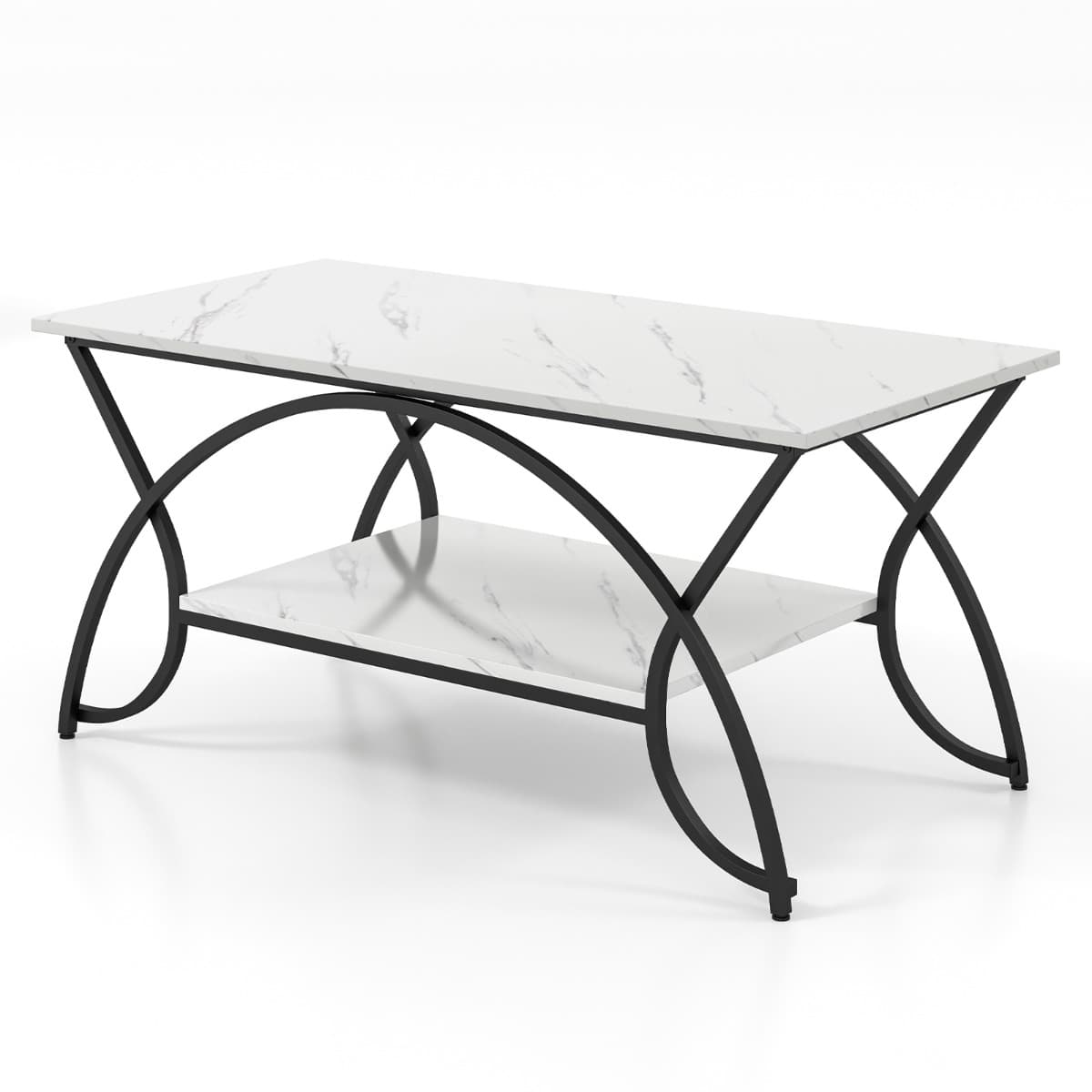 CostwayTable Basse Moderne Table d'Appoint Rectangulaire à 2 Niveaux avec Structure en Métal Table de Cocktail Chic pour Salon Blanc