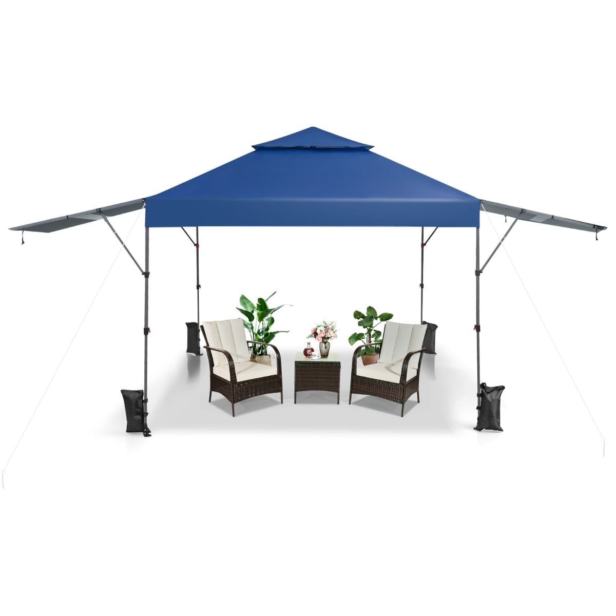 CostwayTonnelle de Jardin Barnum Instantanée 3x3m avec Double Auvents 1,25x3cm Imperméable Sac à Roulettes Hauteurs Réglable Bleu