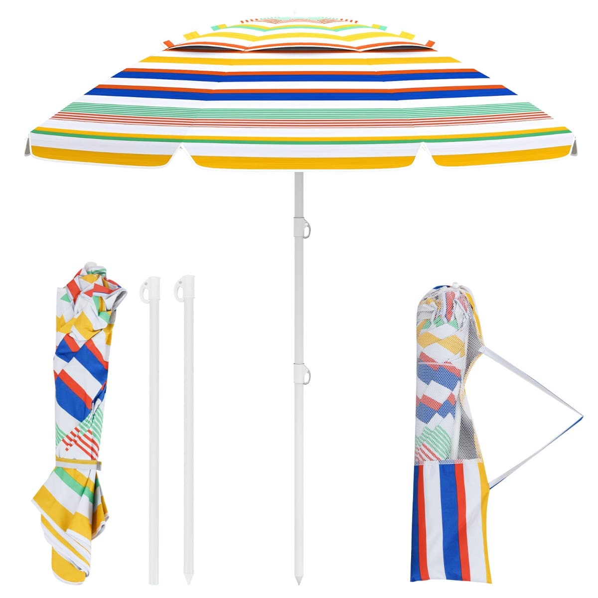 CostwayParasol de Plage de 200 Cm Parasol Portable Extérieur pour Sable avec Inclinaison à Bouton-poussoir Sac de Transport Ancre de Sable Coloré