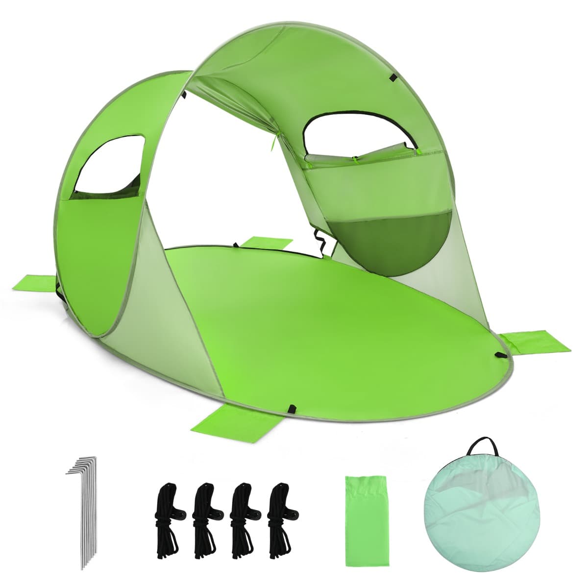 CostwayTente de Plage Pliable Pop-up Automatique Instantanée 3-4 Personnes 220x159x115cm 190T Revêtement Argent UPF50+ Vert