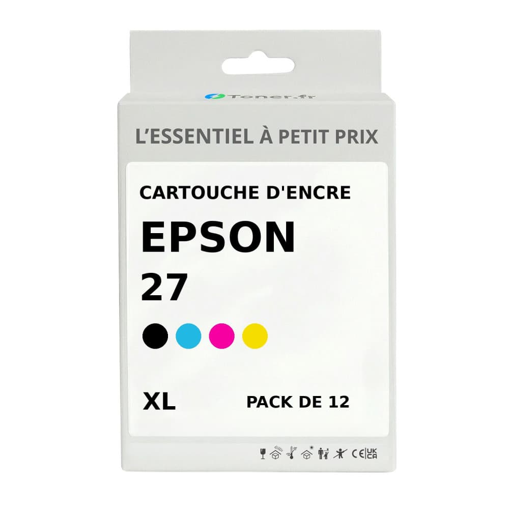 Pack de 12 cartouches d'encre compatibles Epson 27 XL Noir et couleurs
